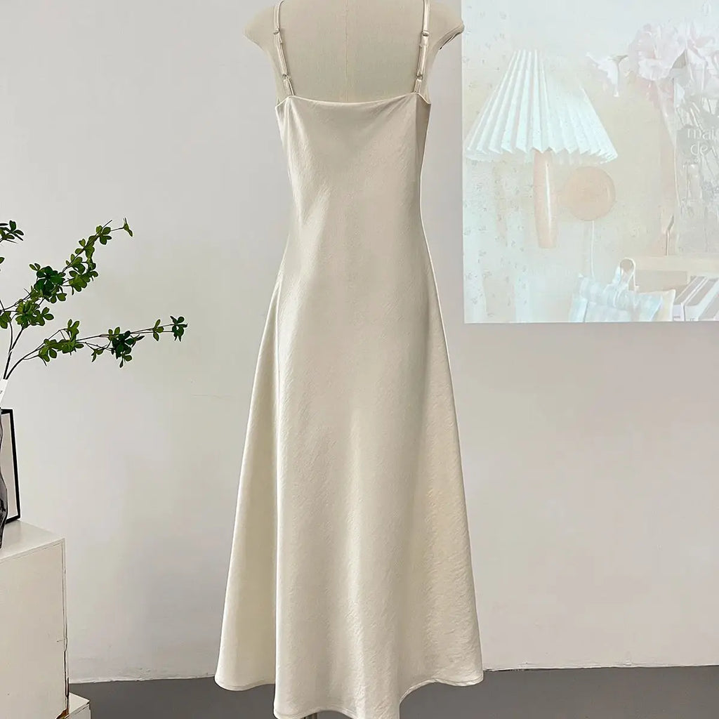 Elegant Women Spaghetti Strap Satin Dresses Summer V-Neck Solid Color Thin Sleeveless Long Dress Women A-Line Dress