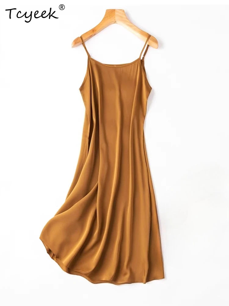 Tcyeek Women Silk Dress 93%Silk 7%Spandex Spaghetti Strap Mid Dresses 2024 Summer New Clothes Blue