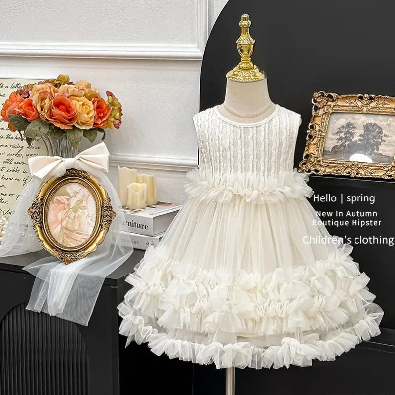 New Summer Baby Girls Sleeveless Tulle Princess Party Dress Layered Ruffle Fluffy Tutu with Large Back Bow Party Wedding P2516