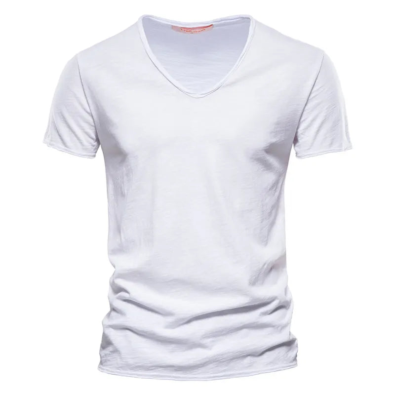 Aiopeson 100% Algodón Hombre Cuello V Camiseta Ajustada de Confort Premium Casual