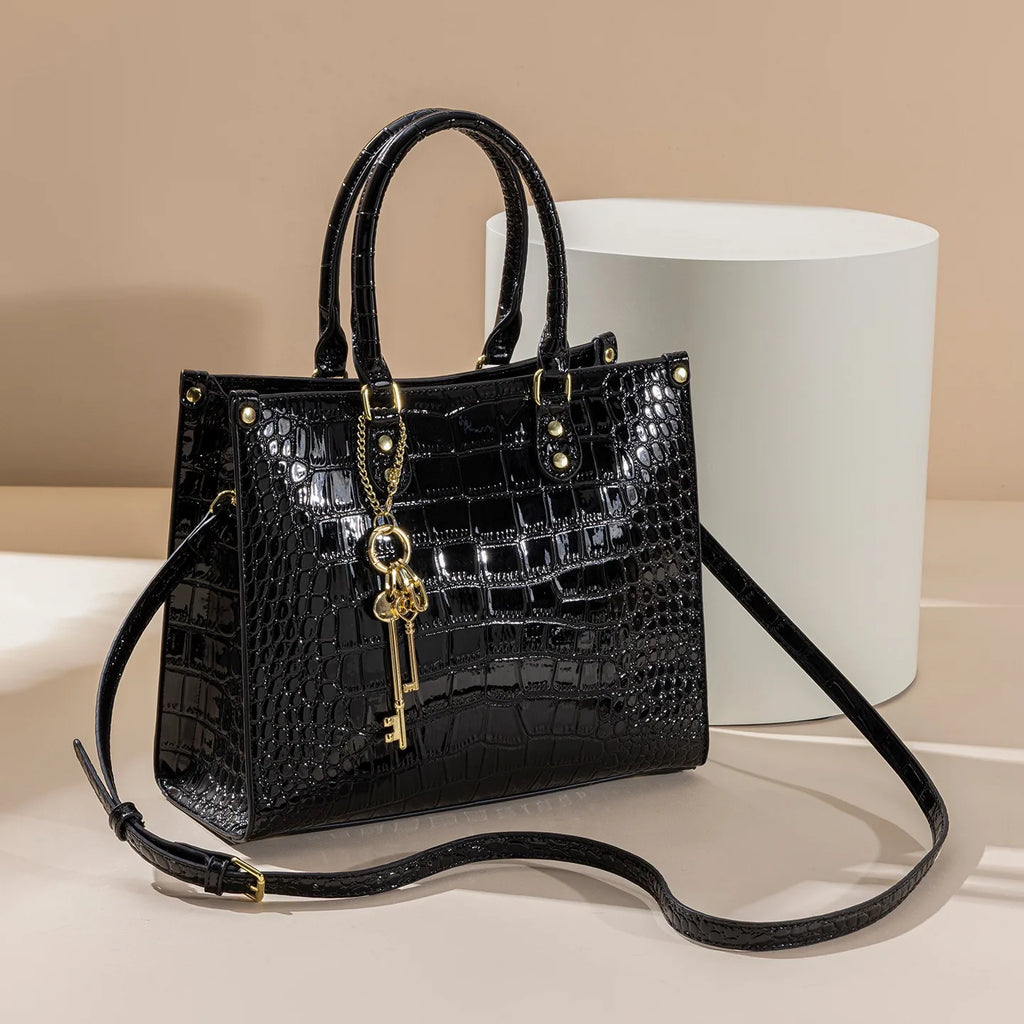 Shiny Crocodile Pattern Top-Handle Bag Women Glossy Patent Crossbody Shoulder Bag Elegant Tote Satchel with Key Pendant