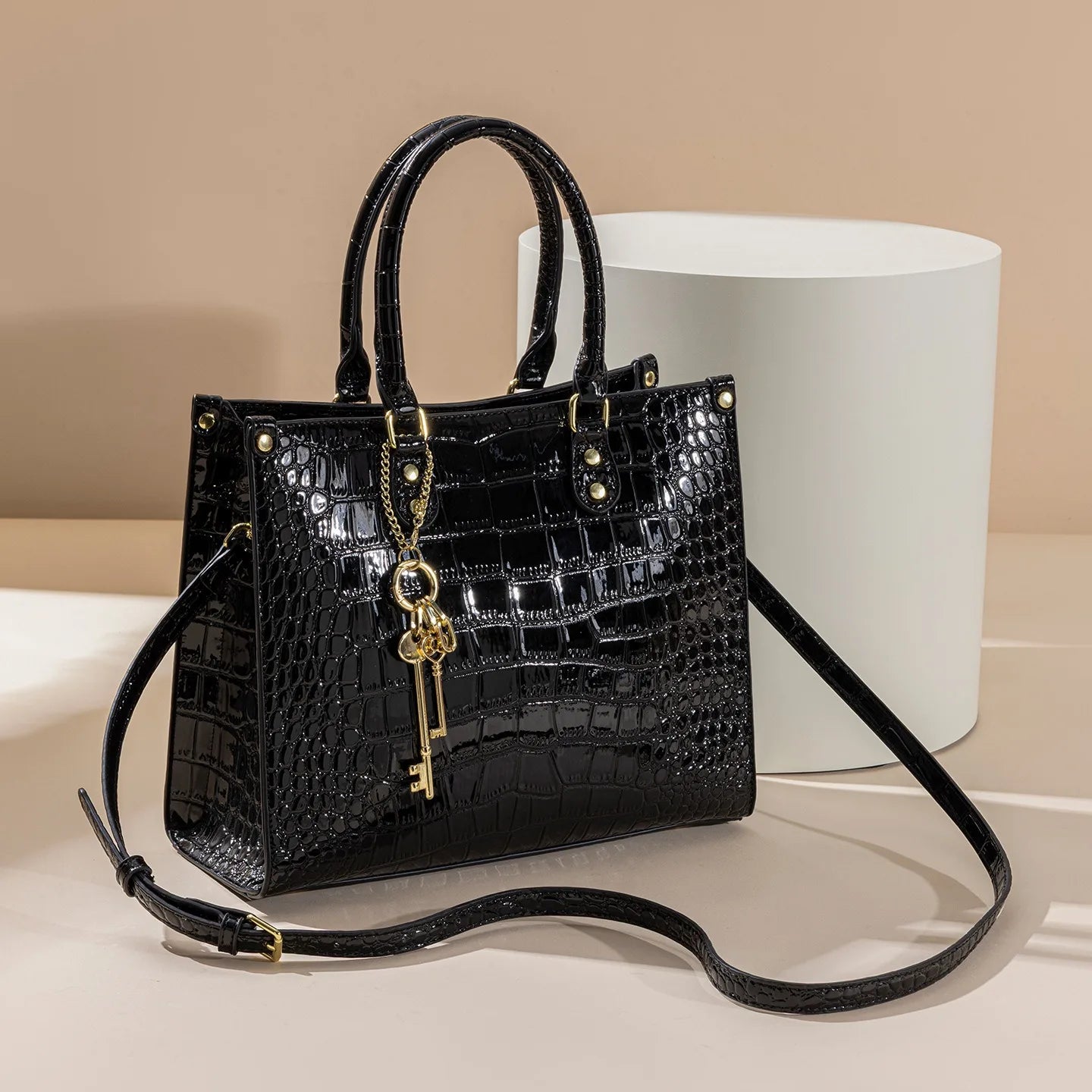 Shiny Crocodile Pattern Top-Handle Bag Women Glossy Patent Crossbody Shoulder Bag Elegant Tote Satchel with Key Pendant
