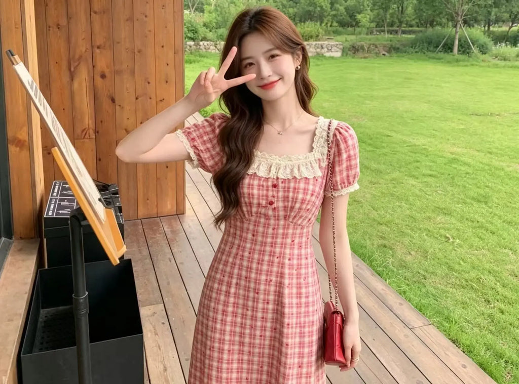 Retro Lace Red Plaid Heart Floral Summer Dress plus Size Waist Cinching Belly Covering Slimming Long A-Line Skirt Dress