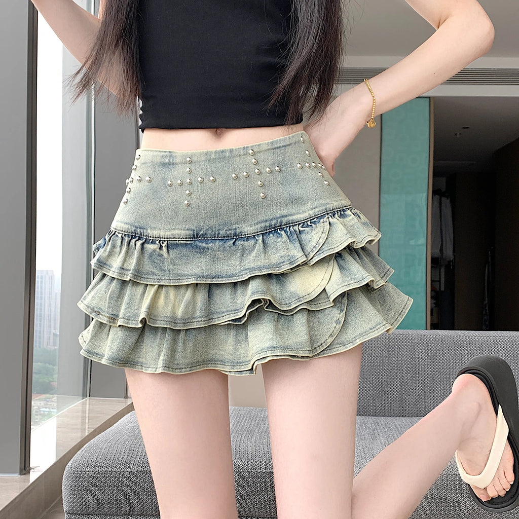 New Summer Women High Waist Slim Mini Skirt American Hot Girl Fashion Beading Sweet Ruffles Cake Hem Retro Blue Denim Skirt