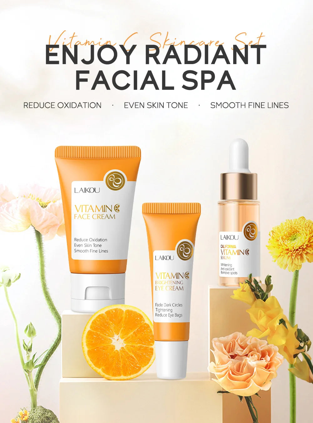 LAIKOU Vitamin C Skin Care Sets 3pcs Face Cream Serum Eye Cream Moisturizing Anti Wrinkles Facial Care Kit