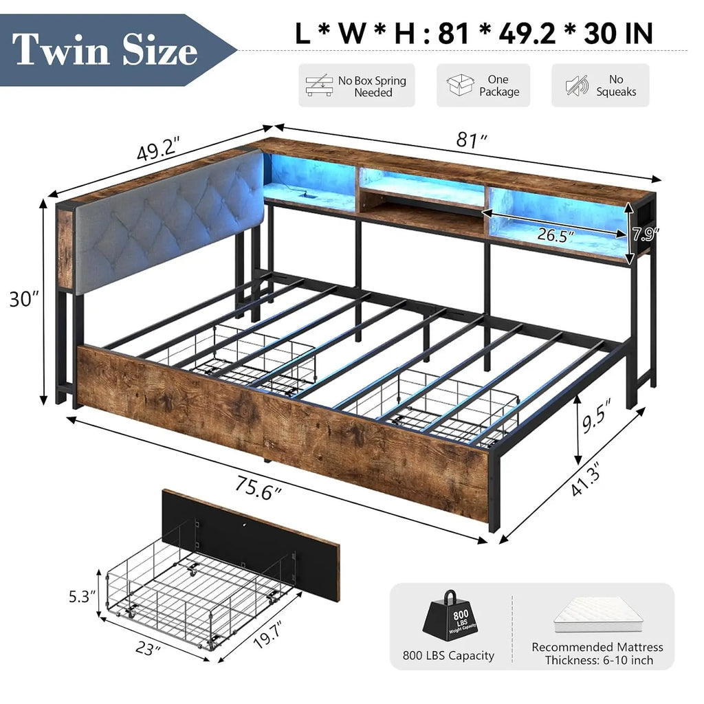 Twin Size Corner Bed Frame with Storage Bookcase and Headboard, Metal Platform Twin Bed with LED Lights and, Customized