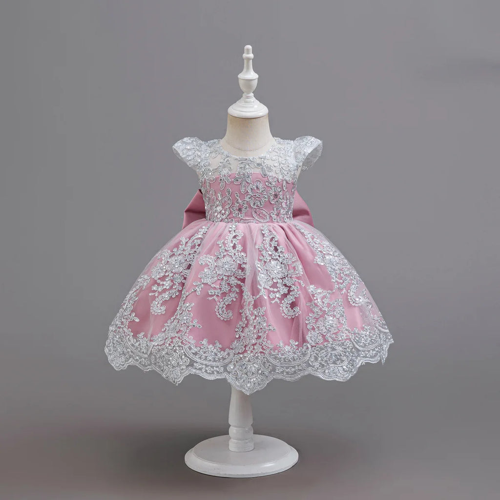 HETISO Children's Dress Princess Embroidery Lace Flower Girls Holiday Party Ball Gown Little Kids Summer Costume 1-6Y
