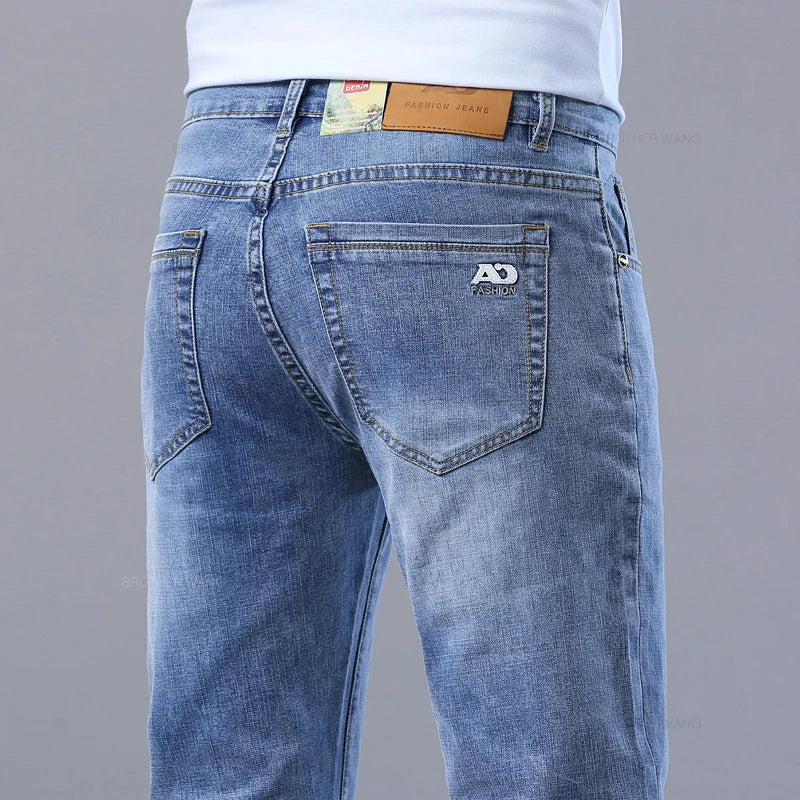 Spring Men'S Light Blue Slim Jeans Stylish Casual Stretch Fabric Denim Pants Classic Trousers Smoke Gray