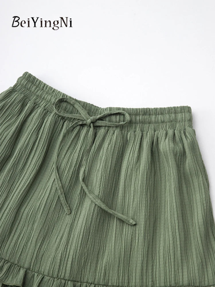 Beiyingni 2025 New In Women's Skirt Pure Color Leisure Fashionable Lace-up A-line Long Maxi Skirts Female Simple Slim Faldas