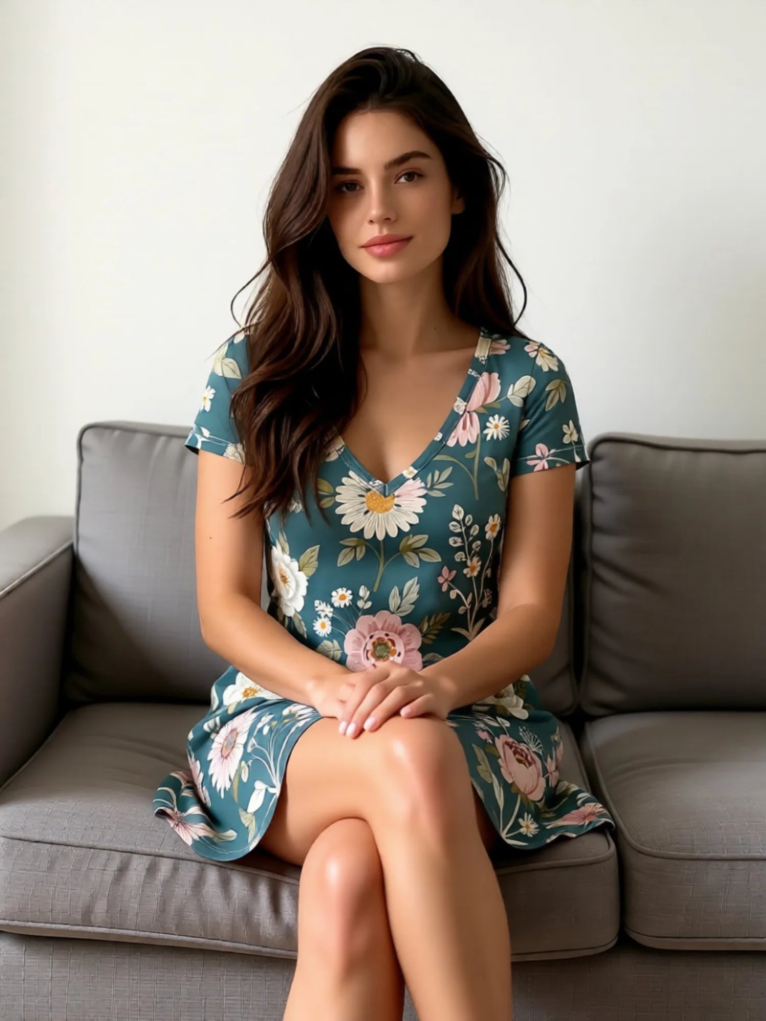 Womens Floral Print V Neck Short Sleeve A Line Dress Relaxed Fit Summer Mini Dress for Weekend Trips Vacation Travel and Parties