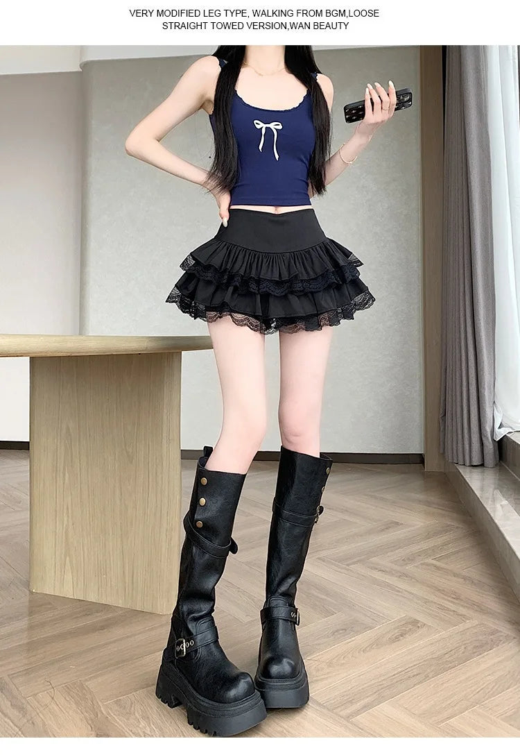 Pure Desire Lace A-Line Mini Skirt High Waist Puffy Sweet Style Short Cake Skirt Cotton Blend Fabric Summer Women's Dress