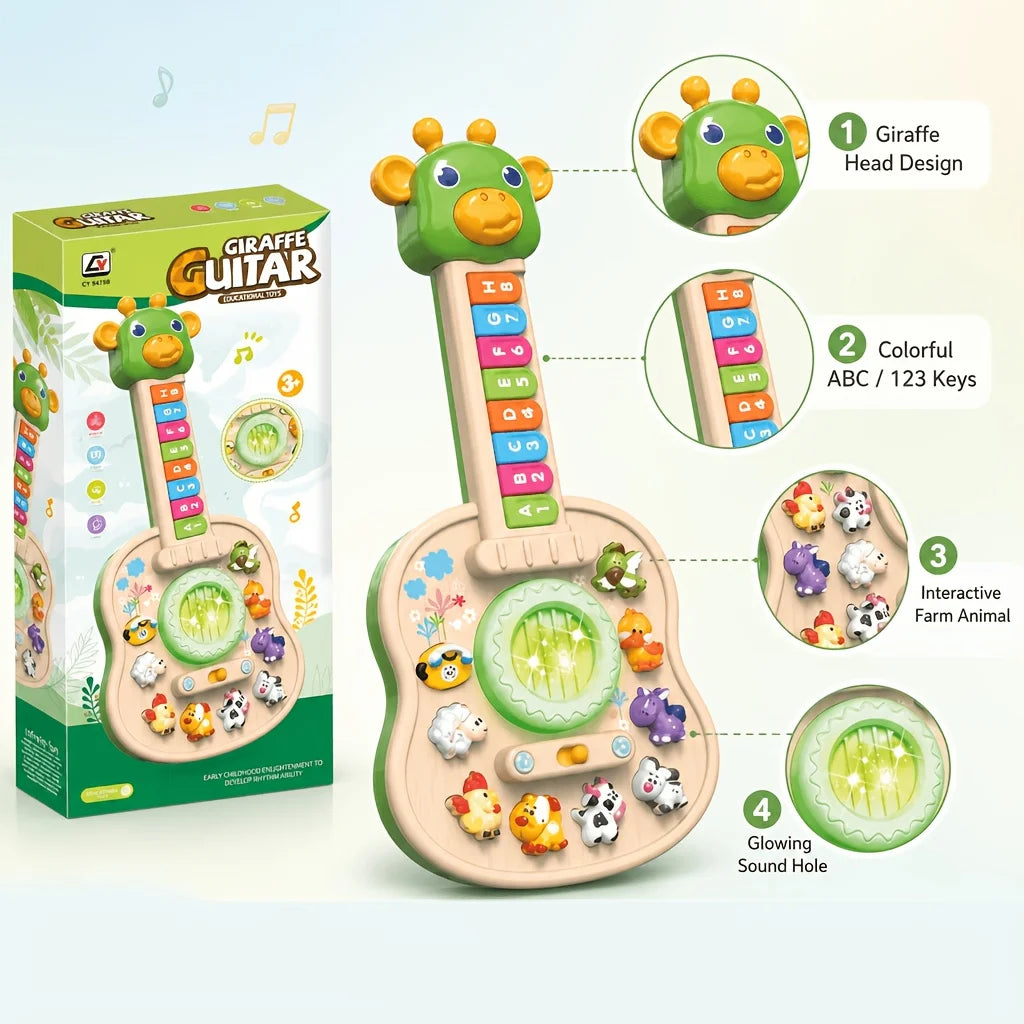 Children's Electronic Guitar, Baby Piano with Animal Sounds, Color Recognition,Lights & Melodies Educational Toy, Green Giraffe