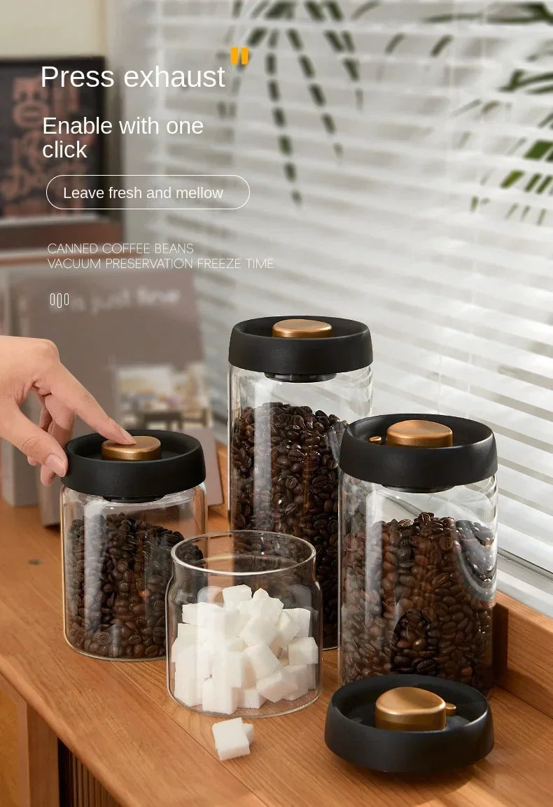 Multi Capacity Black Lid Coffee Pot Manual Vacuum Moisture-proof Storage Pot Kitchen Glass Teapot Coffee Bean Storage Sealed Jar