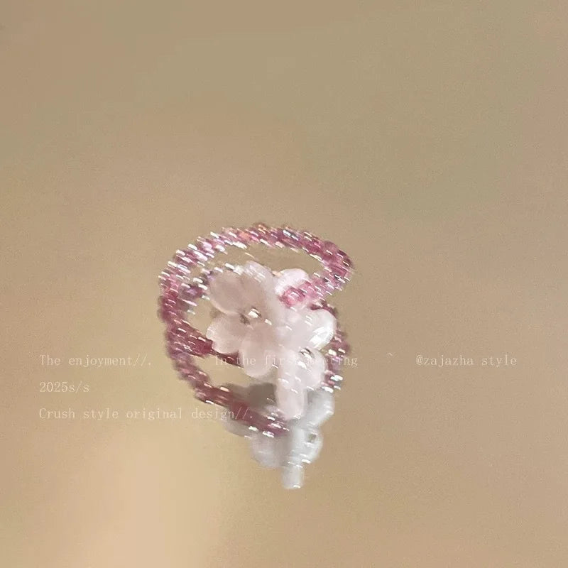 Violet Flower Elastic Beaded Ring for Women
