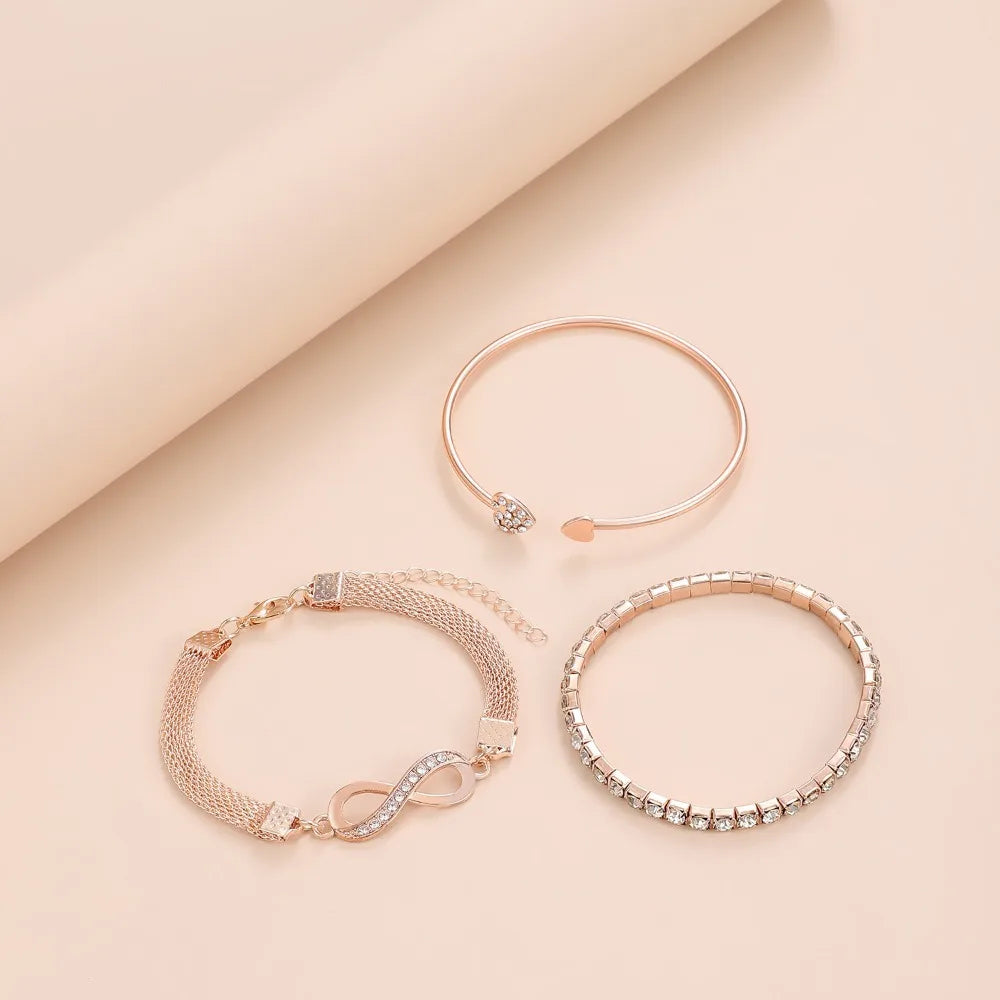 New Creative Design 3 Pcs Set Heart Opening Bracelet Lucky 8 Inlay Zircon Bracelet Set for Women Fashion Charm Jewelry Set Gifts