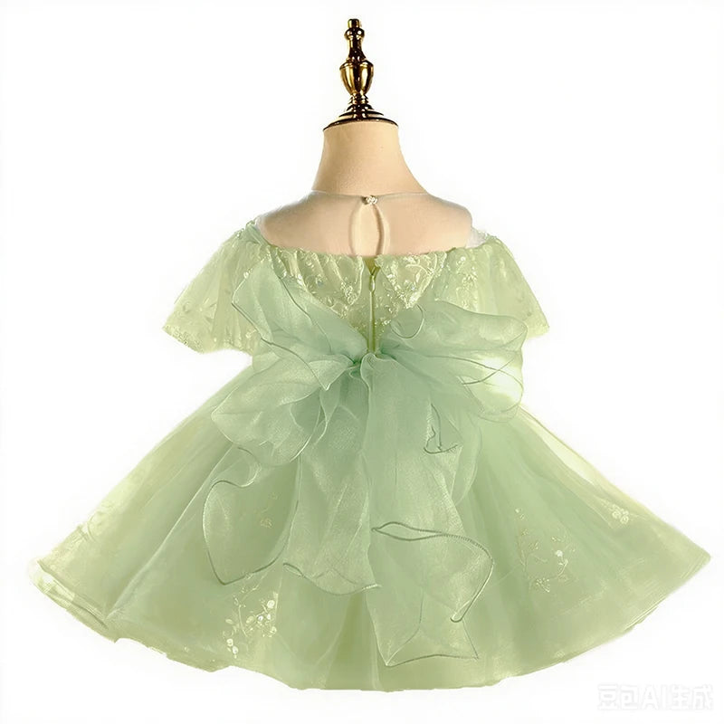 2026 Girls' Sage Light Green Tulle Knee-length Party Dress Floral Embroidered Lace Birthday Princess Ball Gown for 1-14Yr Girls