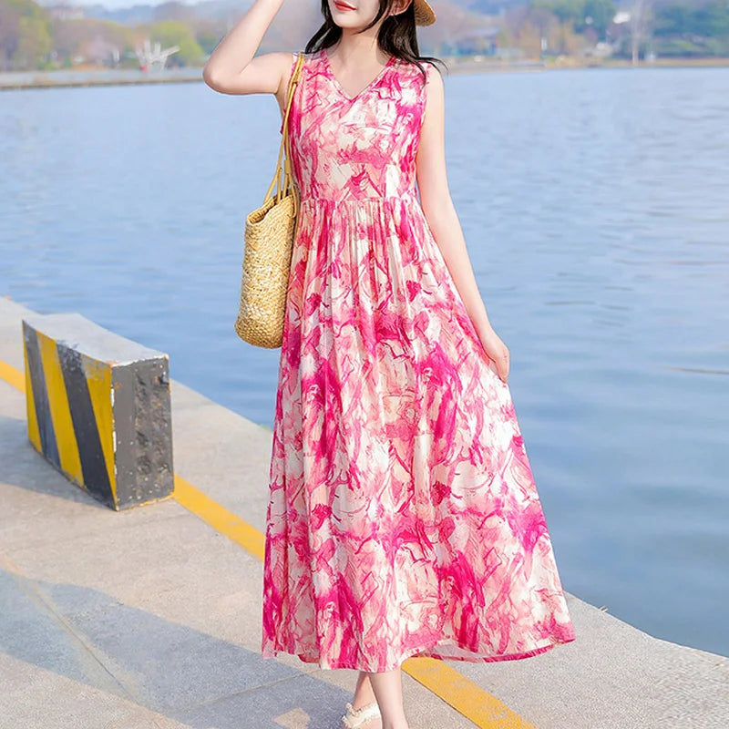 Spring Summer Dresses Fashion Female Sleeveless printed Casual Dress Women A-line Dresses Vestidos