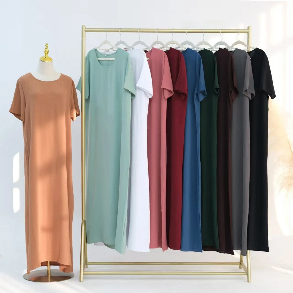 Fashionable  Color round Neck Short Sleeve Long Dress Inner Wear Dress Ethnic Style New Arrival High Waist Polyester Fabric