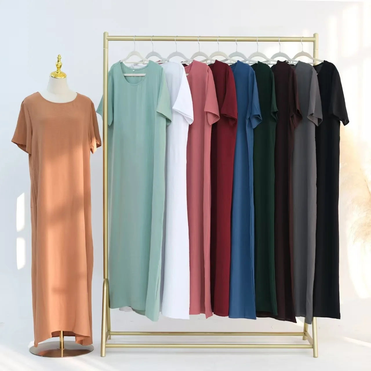 Fashionable  Color round Neck Short Sleeve Long Dress Inner Wear Dress Ethnic Style New Arrival High Waist Polyester Fabric