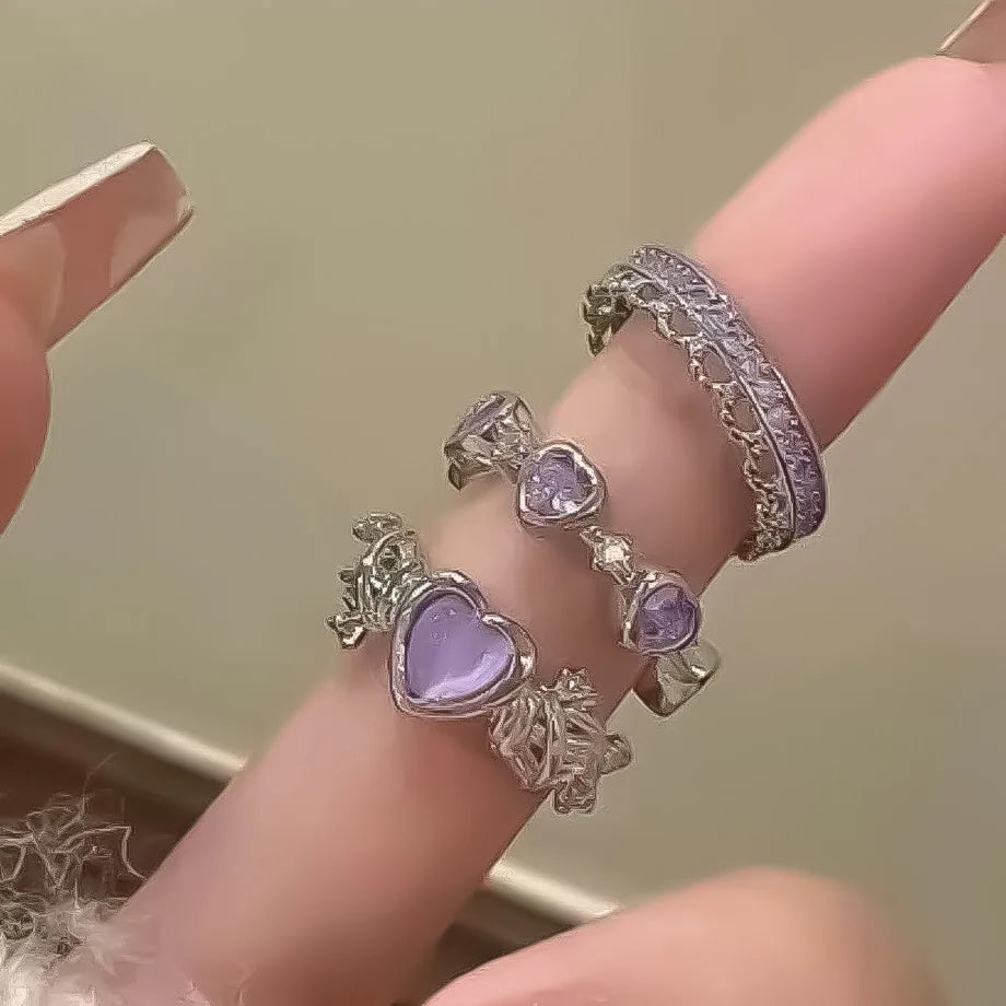 AY Y2K Irregular Heart Ring - Purple Crystal Zinc Alloy Open Ring