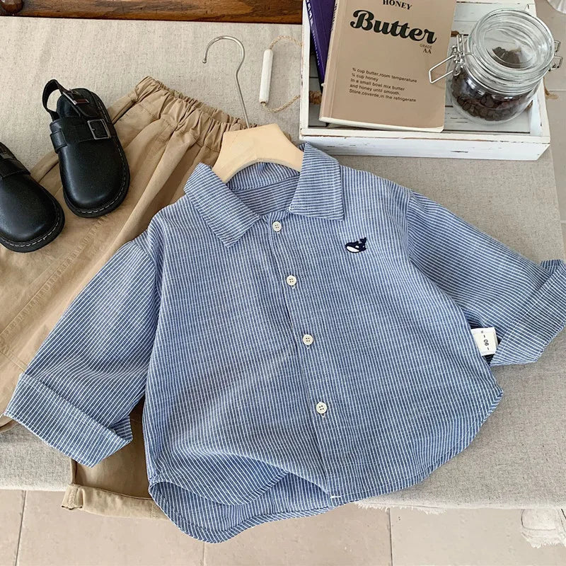 2-7Y Kids' shirts Small fish embroidery striped Boys Cardigan cotton turn-down collar Children's long sleeve shirt