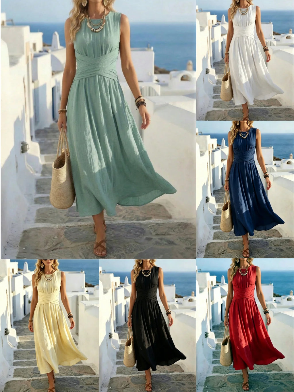 Women's Summer Fashion New Style Elegant Crossed Waistline Round Neck Sleeveless Solid Color Resort Style Maxi Dress