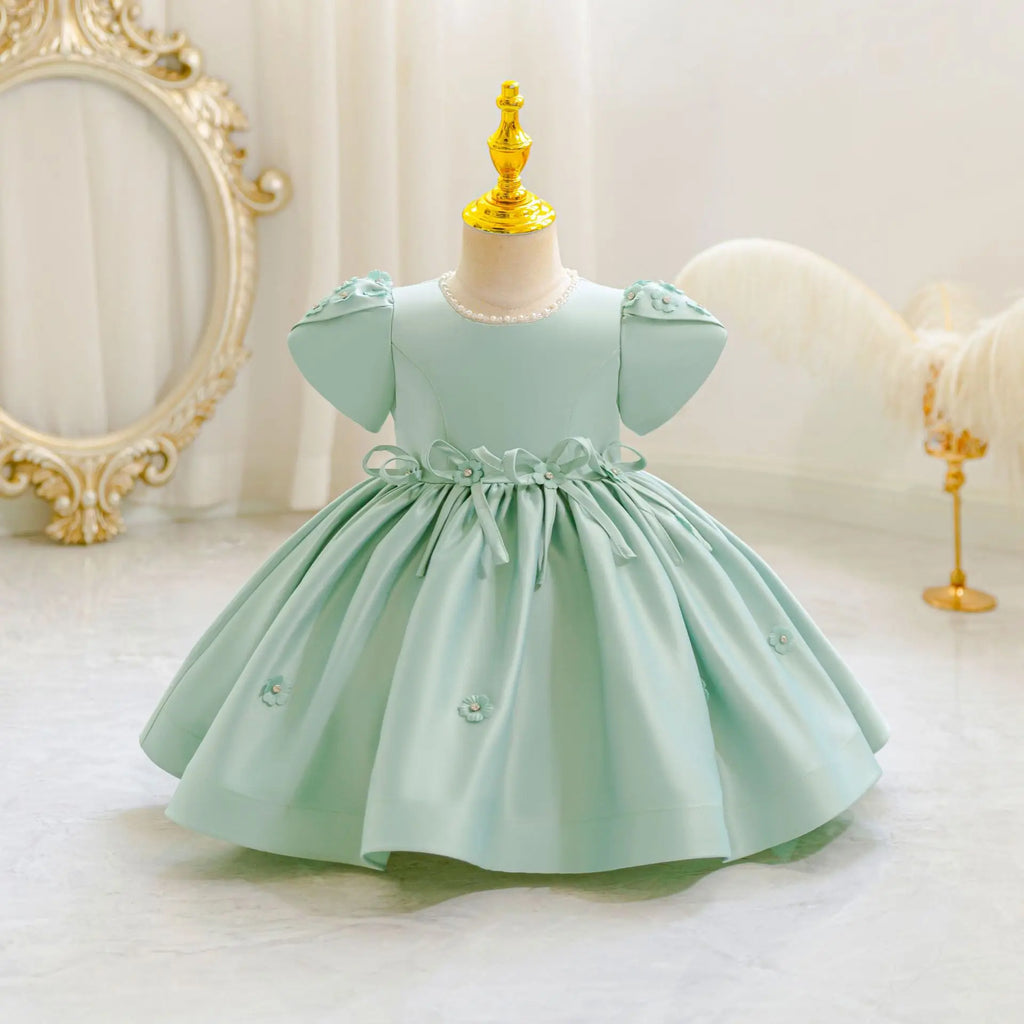 HETISO Baby Girls Dress Ribbon Bow Newborn Princess Party Ball Gown Satin Pearls Kids 1 Years Birthday Wedding Costume