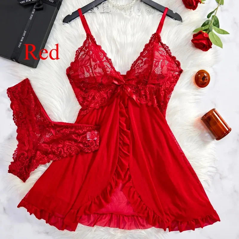 Women's Lace Sleepwear Set – Soft V Neck Nightdress & Slip Dress