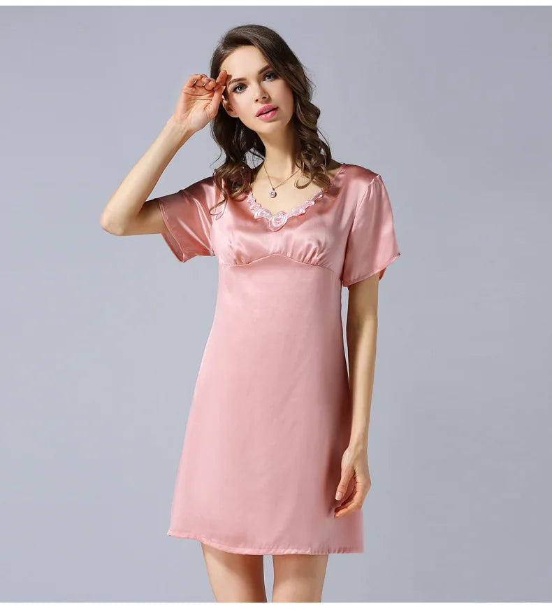 Women's 2023 Spring/Autumn Silk Pajamas 100%Natural Mulberry Silk Short Sleeved Nightdress Noble Silk Home Clothes Pajamas