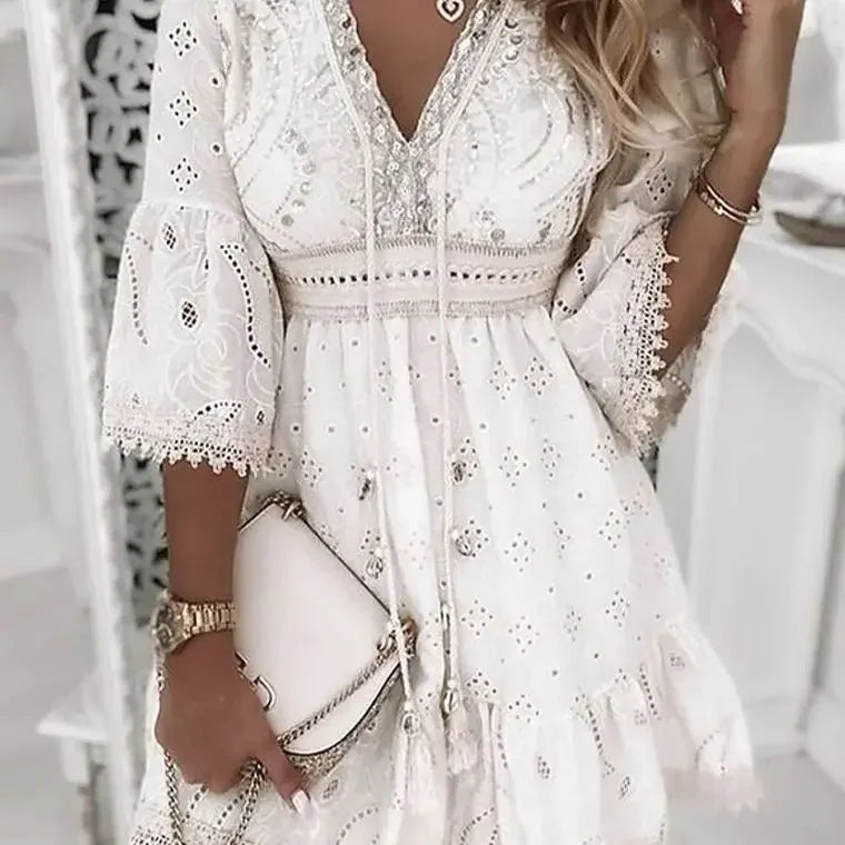 for Women Female V Neck Long Sleeve White Dresses Loose Solid Casual Women Beach Holiday Dress Vestidos Hollow Out Summer Dress