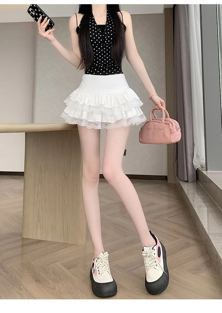 Pure Desire Lace A-Line Mini Skirt High Waist Puffy Sweet Style Short Cake Skirt Cotton Blend Fabric Summer Women's Dress