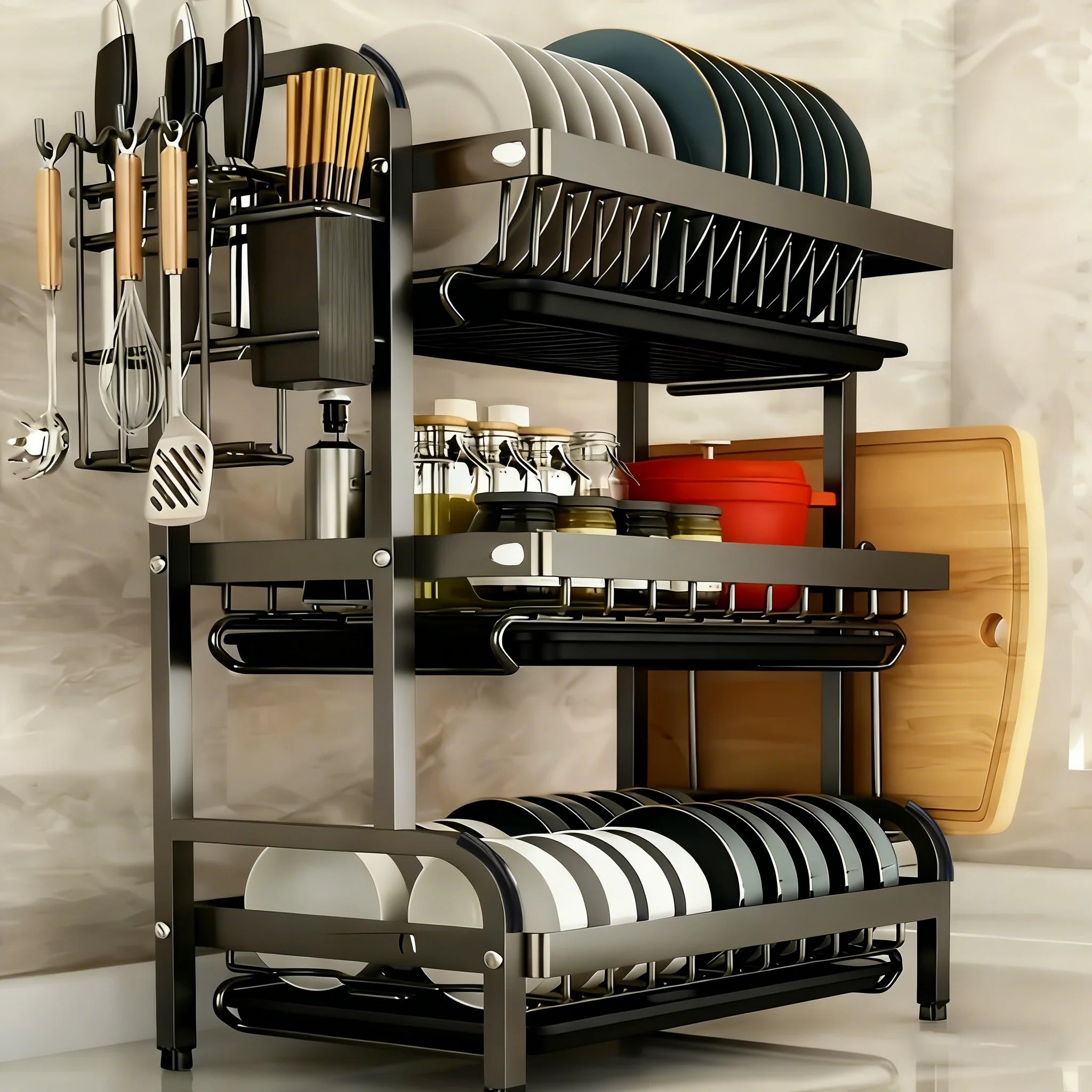 Large 2-3 Tier Vertical Dish Rack/Utensil Holder, Kitchen Storage Rack with Quick Drainage System, Knife and Fork Holder, Cutting Board Storage, Drying Rack - Heavy-Duty Carbon Steel Multifunctional Utensil Organizer, Suitabl