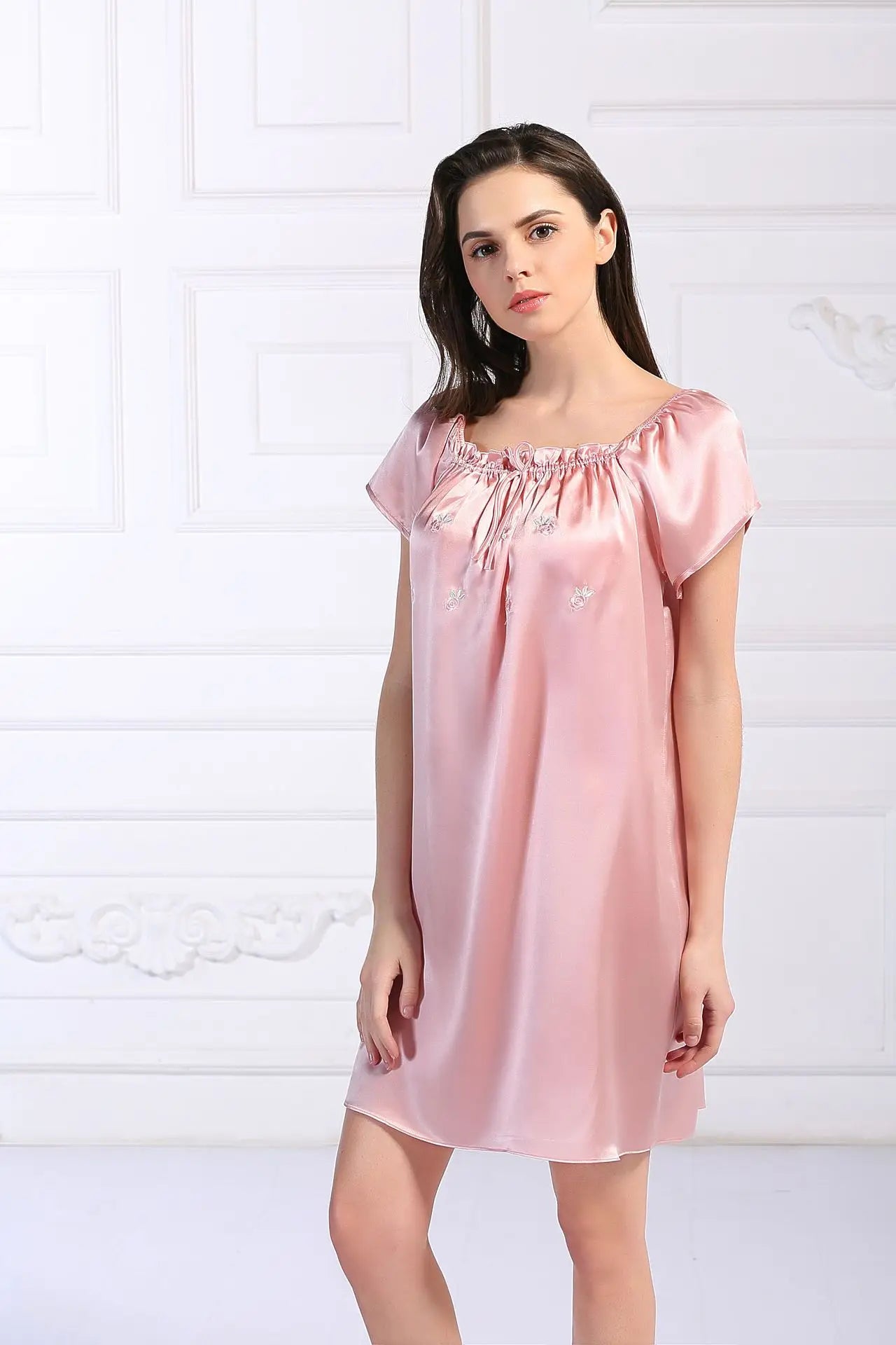 Women's 100% Mulberry Silk Sleep Dress Short Sleeve Summer Spring New Arrival Loose Solid Color Embroidered Doll Sleepwear
