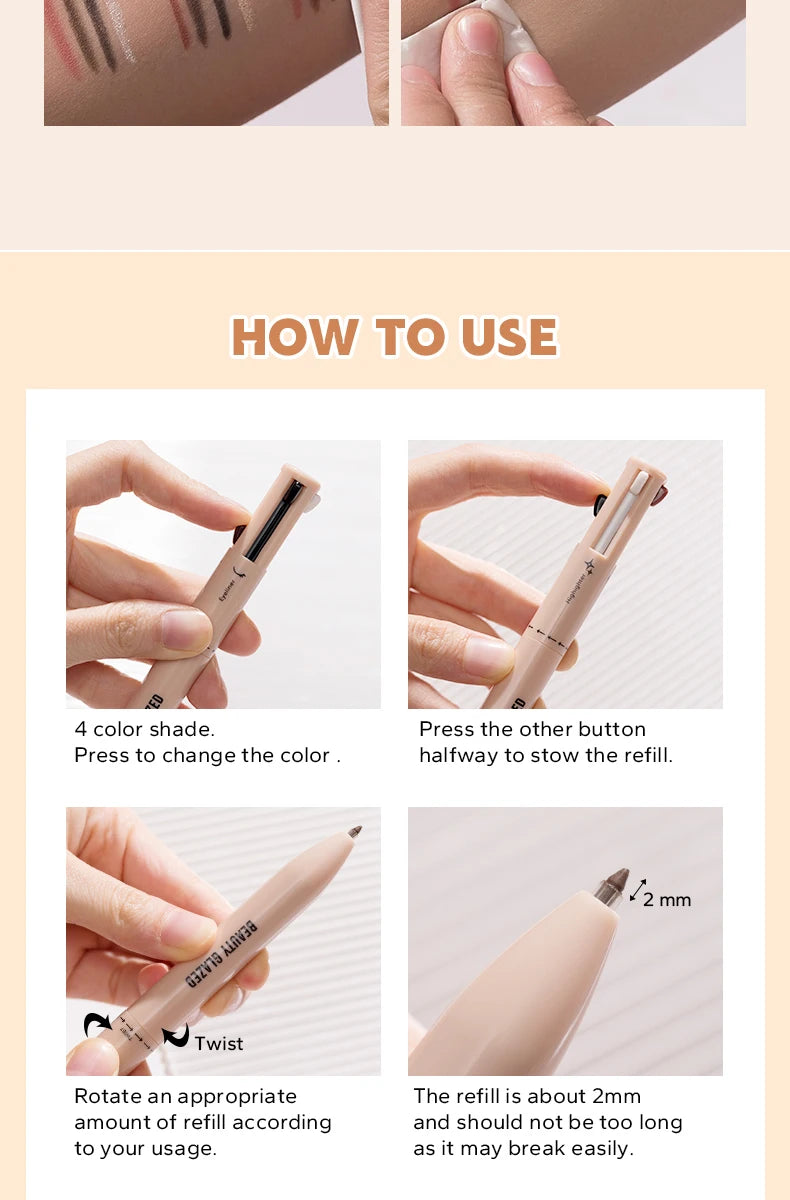 Beauty GlazedMulti-Function Beauty Glazed 4-in-1 Makeup Pen Waterproof Cosmetic Pencil for Eyeliner Brow Lip Highlighter