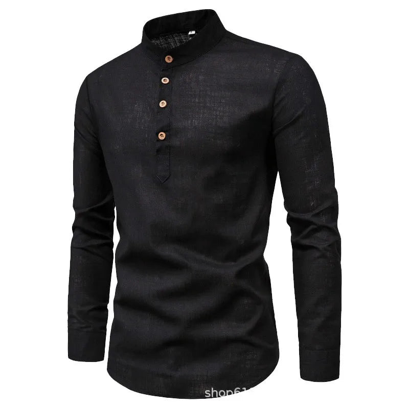 Men's Slim Fit Casual Shirt - Long Sleeve Cotton Standing Collar