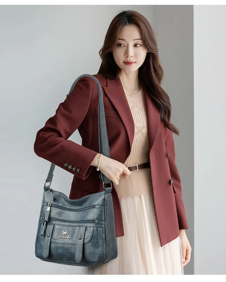 Trendy Women's Soft Leather Shoulder Bag Large Capacity Diagonal Crossbody Bag Street Style Matron Bag Fashionable All-Match