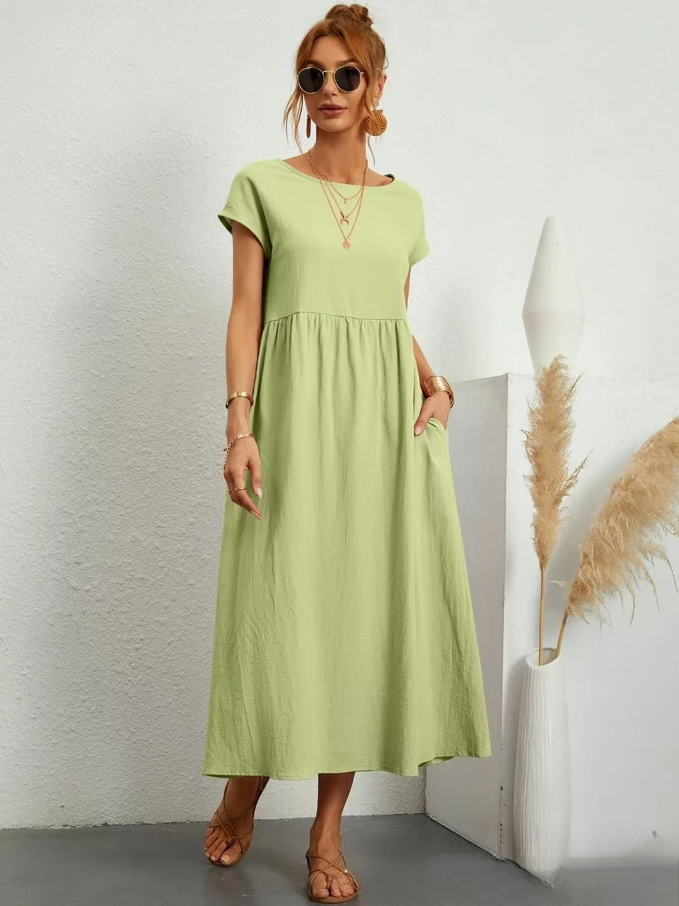 Premium Elegant Solid Cotton Linen Dress Summer Midi with Pockets Loose Fit Casual Crew Neck Short Sleeve for Beach Travel