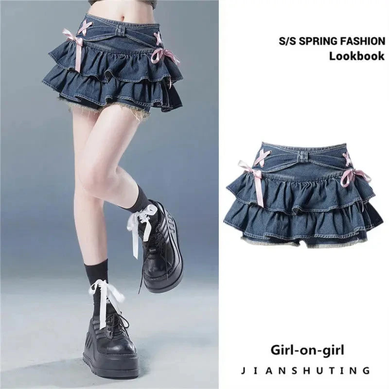 Mini Skirts for Women Sweet Cute Jupe Fashion Summer Japanese 2026 Faldas Mujer De Moda Bow Polka Dot Ruffles Y2k Skirt