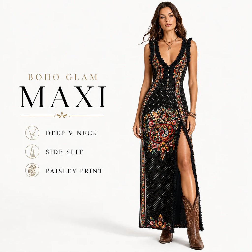 Women's Boho Paisley Print Maxi Dress Deep V-Neck Sleeveless Ruffle Trim High Slit Summer Vacation Resort Cocktail Dress