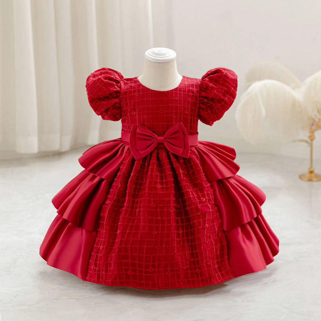 HETISO Plaid Flower Girls Christmas Party Dress with Bow Elegant Birthday Gown for Kids 0-4 Years Children Birthday Frocks