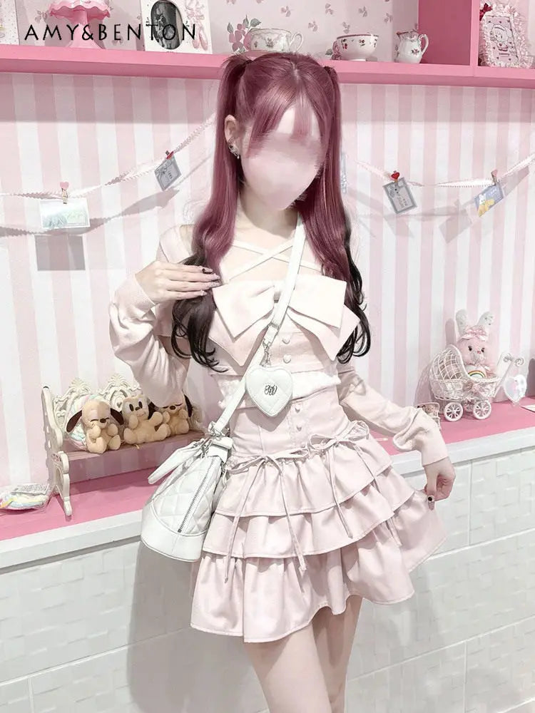 Sweet Cute Lace High Waist Puffy Skirt Japanese Style Kawaii Bow Tie Slimming Multi-layer Mini Skirt A-line Skirts for Women