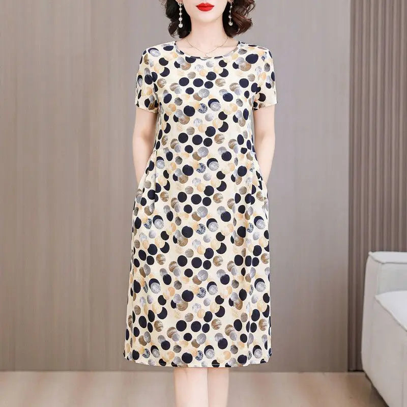 Women Summer Cotton Midi Dress Polka Dot Print Round Neck Short Sleeve Loose Casual Home Outdoor Dress S 4XL
