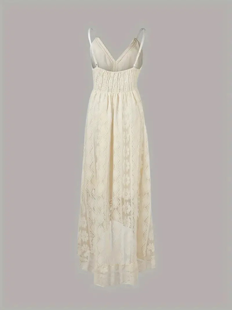 Ladies Dress A-line Lace Embroidery Design V-neck Sleeveless Mid Waist Slim Solid Color Simple Elegant Fresh Retro Sling Dress