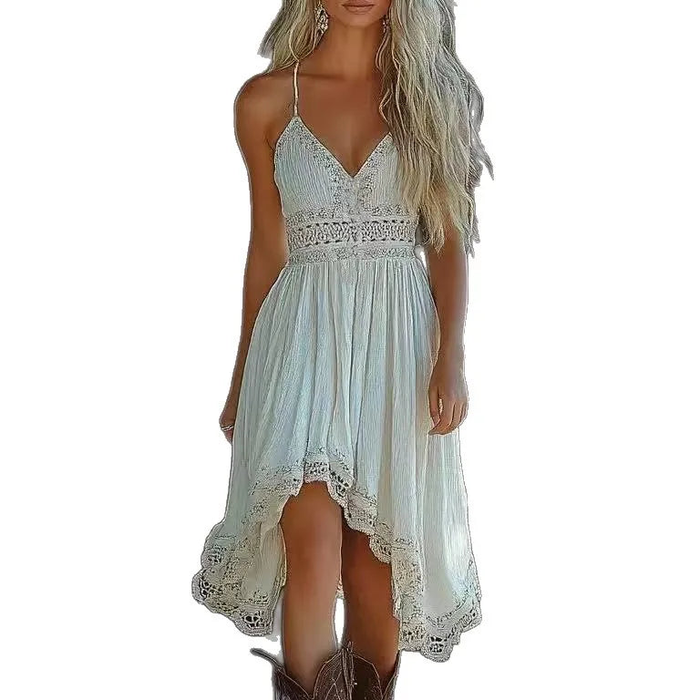 Western Bohemia Women's Dress White Lace Hollow Out High Waist Sleeveless Vacation Midi Dress Chic Ruched Irregular Hem Dresses