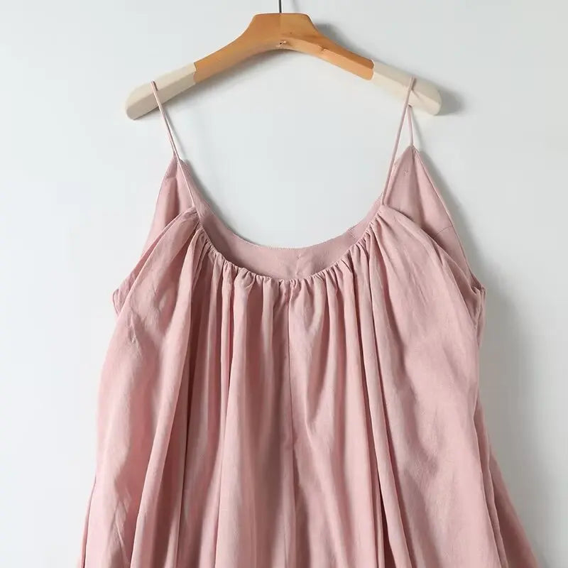 Dave&Di Summer Dress Women Vestidos French Minimalist Pink Suspenders Dress Pleated Fashion Linen Sexy Elegant Midi Dress