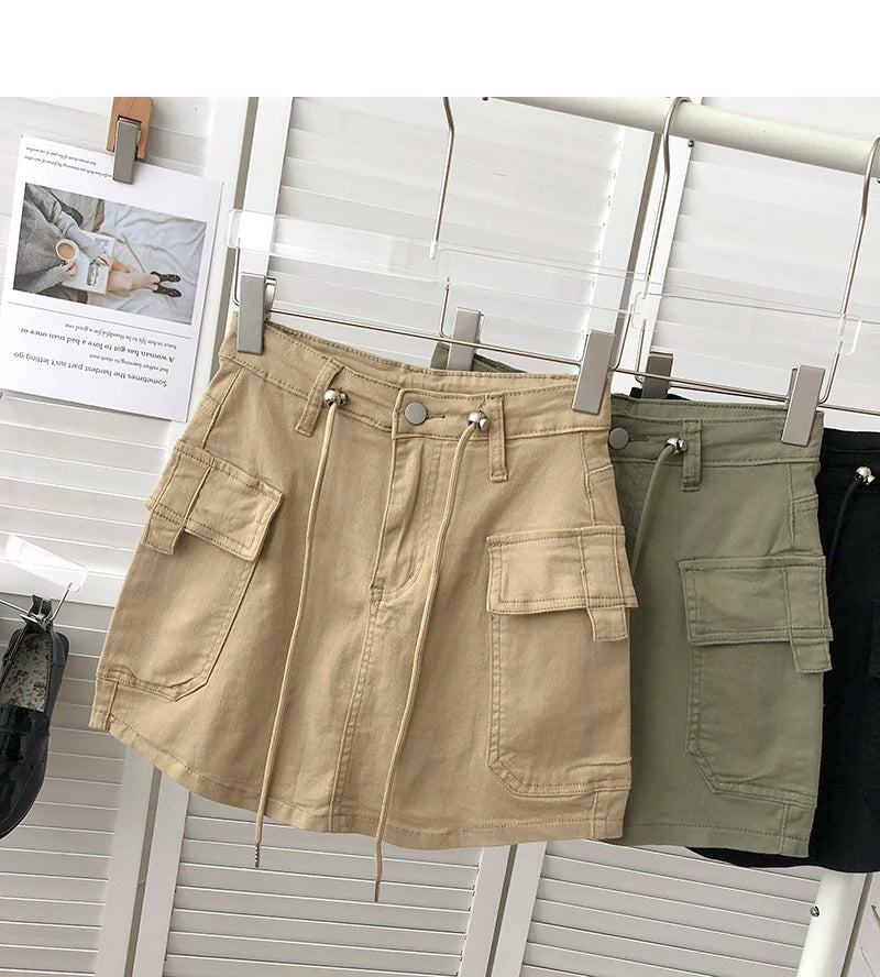 Retro High Waist Denim  Skirt Women's Spring Summer Autumn Casual Drawstring Anti-Light Short Skirt Polyester Fiber