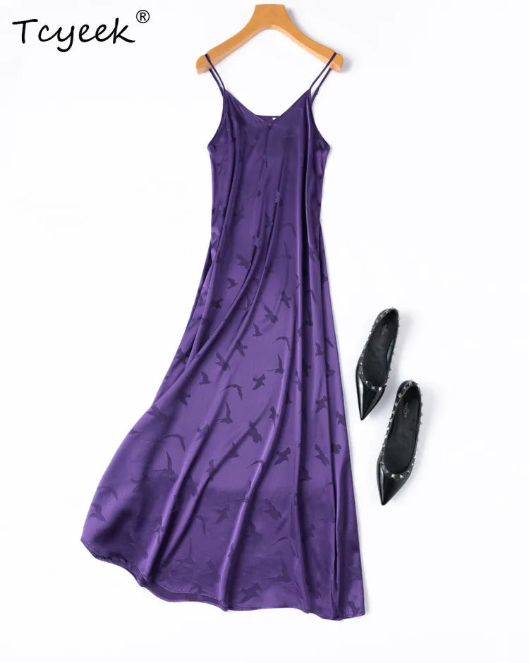 Tcyeek 93%  Mulberry Silk Slip Dress for Women 2026 Summer Dresses Fashion Smooth Jacquard Clothes for Ladies Vestidos De Mujer