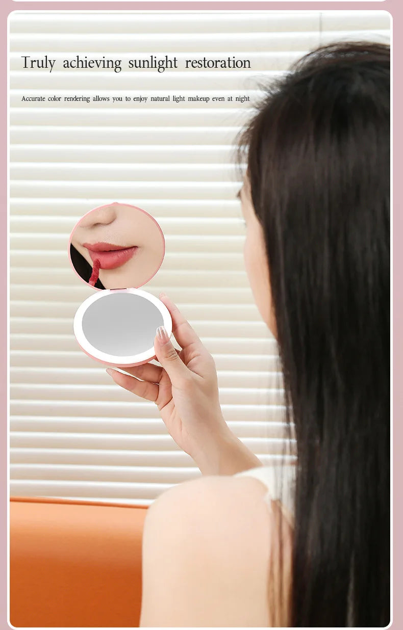 New Mini LED Luminous Makeup Mirror Round Portable Foldable Small Compact Mirror with Light USB Handheld Makeup Lighted Mirror