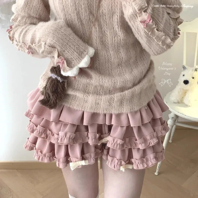 Y2K Sweet Ruffles Mini Skirt Women Kawaii Lolita Bow A Line Skirts Harajuku Japanese Cute High Waist Pink Blue Cake Skirt
