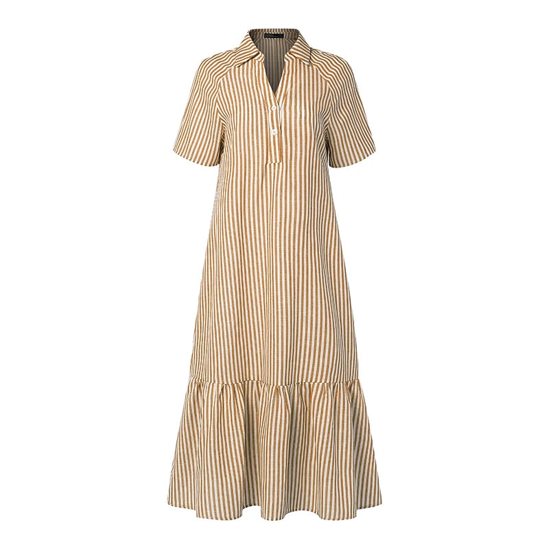 Women Summer Sundress ZANZEA Stylish Lapel Neck Striped Dress Elegant Short Sleeve Ruffled Hem Work Midi Dresses Baggy Robe 2026